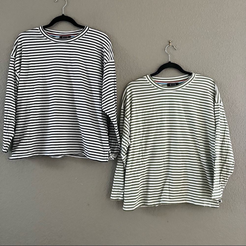 AYR The French Fry Striped Crewneck Long Sleeve Green & Navy Lot of 2 SZ M